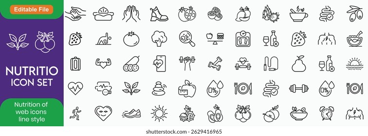 Nutrition set of web icons in line style. Healthy food linear icon collection. Containing food, vegetables, water, palm oil free, сaunt calories, zero trans fat, probiotics and more. Editable stroke