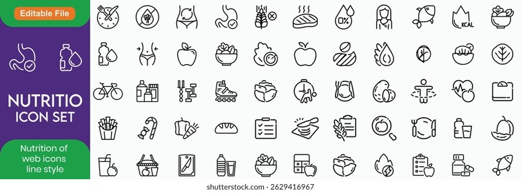 Nutrition set of web icons in line style. Healthy food linear icon collection. Containing food, vegetables, water, palm oil free, сaunt calories, zero trans fat, probiotics and more. Editable stroke