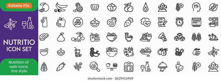 Nutrition set of web icons in line style. Healthy food linear icon collection. Containing food, vegetables, water, palm oil free, сaunt calories, zero trans fat, probiotics and more. Editable stroke