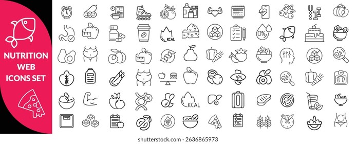 Nutrition set of web icons in line style. Healthy food linear icon collection. Containing food, vegetables, water, palm oil free, сaunt calories, zero trans fat, probiotics and more. design 