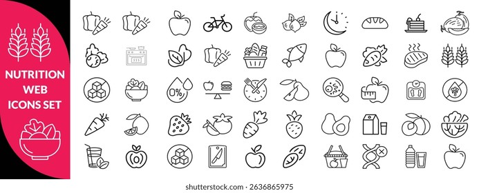 Nutrition set of web icons in line style. Healthy food linear icon collection. Containing food, vegetables, water, palm oil free, сaunt calories, zero trans fat, probiotics and more. design 