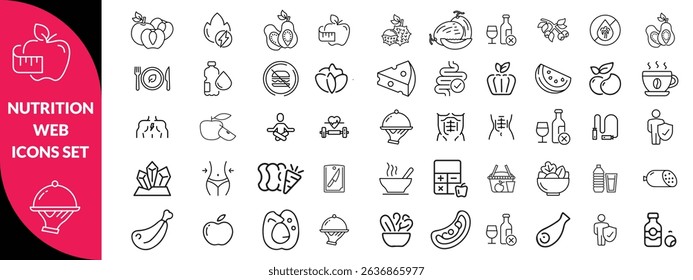 Nutrition set of web icons in line style. Healthy food linear icon collection. Containing food, vegetables, water, palm oil free, сaunt calories, zero trans fat, probiotics and more. design 