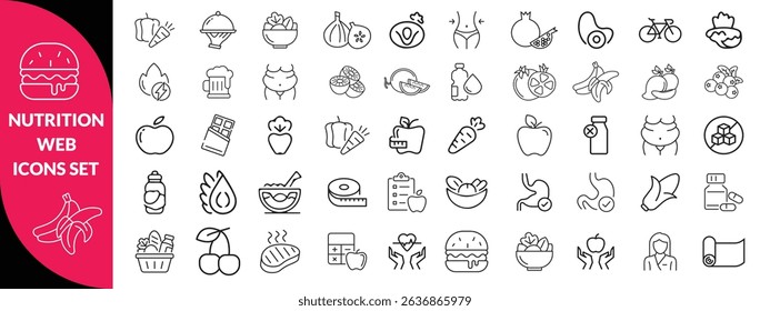 Nutrition set of web icons in line style. Healthy food linear icon collection. Containing food, vegetables, water, palm oil free, сaunt calories, zero trans fat, probiotics and more. design 