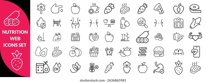 Nutrition set of web icons in line style. Healthy food linear icon collection. Containing food, vegetables, water, palm oil free, сaunt calories, zero trans fat, probiotics and more. design 