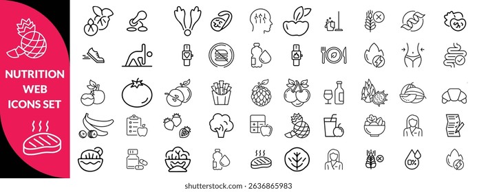 Nutrition set of web icons in line style. Healthy food linear icon collection. Containing food, vegetables, water, palm oil free, сaunt calories, zero trans fat, probiotics and more. design 