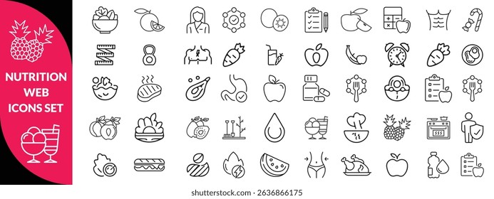 Nutrition set of web icons in line style. Healthy food linear icon collection. Containing food, vegetables, water, palm oil free, сaunt calories, zero trans fat, probiotics and more. design 