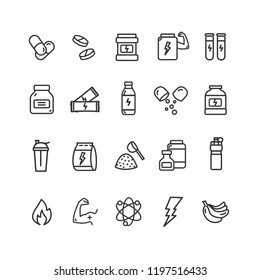 Nutrition Signs Black Thin Line Icon Set Include of Vitamin, Muscle, Banana and Fire. Vector illustration of Icons