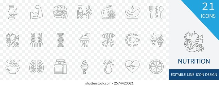  Nutrition simple line icon set. containing protein,  meal, nutrient, vegetables, fruits, minerals, antioxidants, digestion and more stroke design 