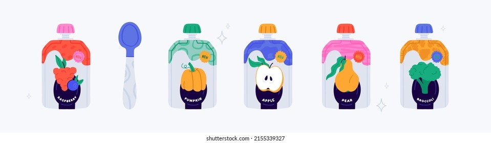 Nutrition snack for kids concept. Fruits and vegetables mash on spoon. Broccoli, apple, pear, raspberry, pumpkin puree packaging labels. Healthy food portion. All items are isolated