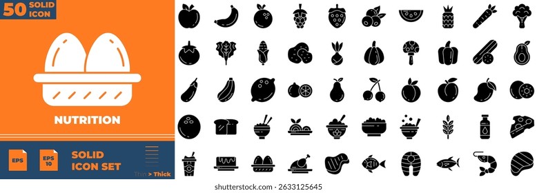 Nutrition Solid Editable Icons set. Vector illustration in modern thin solid style of nutrition icons: vegetables, fruits, desserts, etc