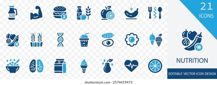  Nutrition solid icon set. containing protein,  meal, nutrient, vegetables, fruits, minerals, antioxidants, digestion and more vector design 