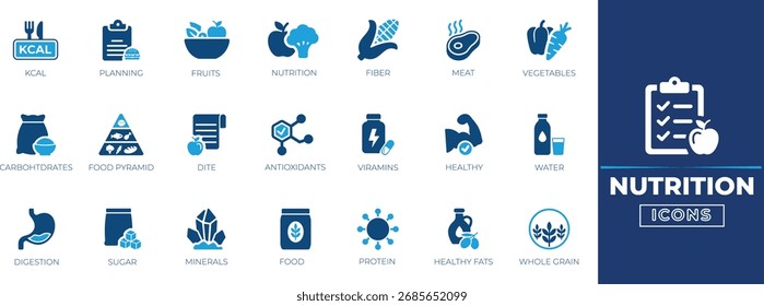 Conjunto de iconos de nutrición. Nutrición, Dietética, Digestión, Azúcar, Planificación, Frutas, Alimentos, Icono de proteína colección.