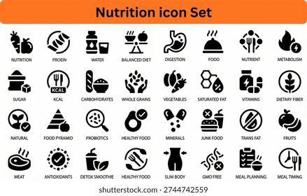 Nutrition solid icon set on transparent background.
