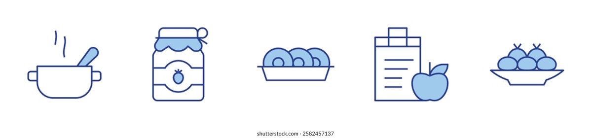 nutrition, soup, croquette, jam, donuts. Nutrition Icon vector illustration. Line Duotone style. Editable stroke.