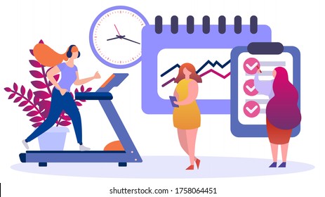 Nutrition and sport program for woman weight loss, vector illustration. Healthy food and lifestyle concept, balanced cartoon character. Health diet plan from nutritionist, body healthcare.