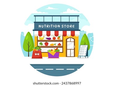 Nutrition Store Vector Illustration with Dietary Supplement of Vitamins and Minerals such as Fresh Fruit or Vegetables in Flat Cartoon Background