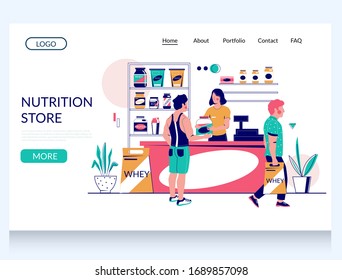 Nutrition Store Vector Website Template, Landing Page Design For Website And Mobile Site Development. Saleswoman At Cash Register And Happy Athletes Buying Sports Nutrition And Fitness Supplements