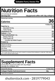 Nutrition and supplement facts combo label vector for coffee collagen. Editable dual panel design with banner, food and dietary supplement information for packaging