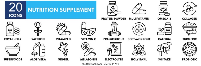 Nutrition Supplement icon collection set. Containing design health, nutrition, supplement, food, diet, care