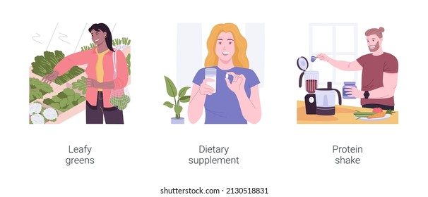 Nutrition Supplements Isolated Cartoon Vector Illustrations Set. Woman Buying Leafy Greens In The Supermarket, Dietary Supplement, Girl Takes Vitamins, Man Makes Protein Cocktail Vector Cartoon.