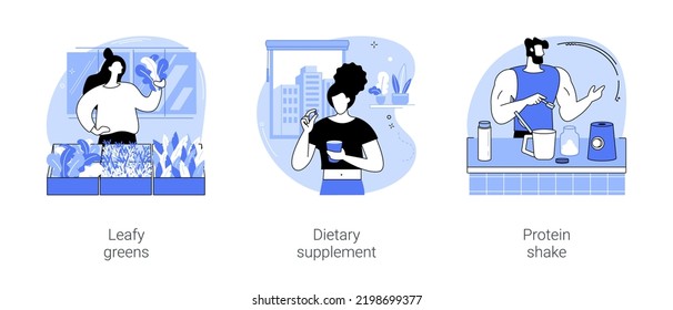 Nutrition Supplements Isolated Cartoon Vector Illustrations Set. Woman Buying Leafy Greens In The Supermarket, Dietary Supplement, Girl Takes Vitamins, Man Makes Protein Cocktail Vector Cartoon.