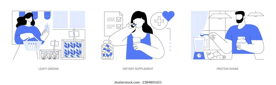 Nutrition supplements isolated cartoon vector illustrations set. Woman buying leafy greens in the supermarket, dietary supplement, girl takes vitamins, man makes protein cocktail vector cartoon.