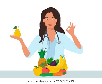 Nutrition Therapy With Healthy Food And Physical Activity. Vector Illustration In Cartoon Style 