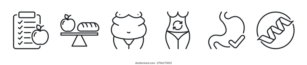 Conjunto de iconos de línea delgada de nutrición. Iconos mínimos de Web