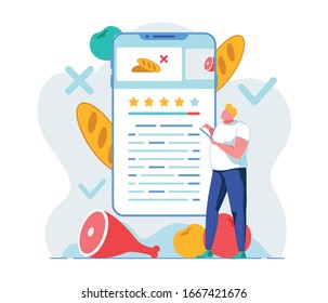 Sugerencias de nutrición Ilustración de vectores planos de aplicación móvil. E Health Smartphone Usuario Comprobando las propiedades de los productos alimenticios. Hombre viendo el personaje de caricatura de clasificación de nutrientes prohibidos