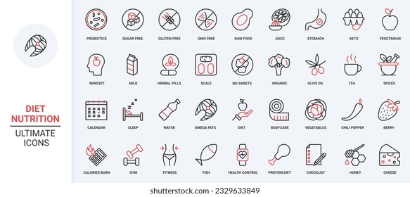 Nutrition trendy red black thin line icons set vector illustration. Diet sport in gym to slim, balance detox with water, healthy menu without sugar, GMO and gluten free, fresh vegetarian vitamin food.