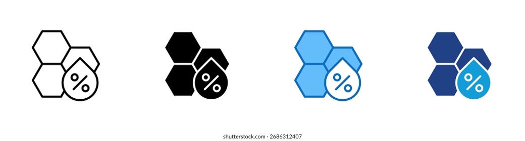 Vector de diseño de íconos de estilo múltiple: hexágonos con porcentaje, que representan los datos nutricionales, el valor de los alimentos y la información sobre la dieta
