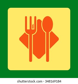 Nutrition vector icon. Style is flat rounded square button, orange and yellow colors, green background.