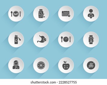 íconos vectoriales nutricionales en círculos redondos de papel puffy con sombras transparentes sobre fondo azul. iconos vectoriales de material nutricional para diseño de interfaz web, móvil y de usuario