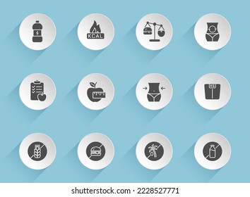 íconos vectoriales nutricionales en círculos redondos de papel puffy con sombras transparentes sobre fondo azul. iconos vectoriales de material nutricional para diseño de interfaz web, móvil y de usuario