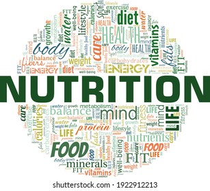 Nutrición de ilustración vectorial nube de palabras aislada en un fondo blanco.