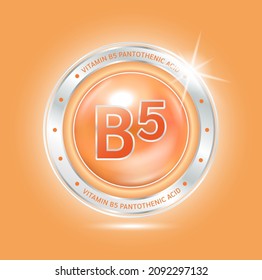 Nutrition vitamin B5 label orange aluminum sign. Foods vitamins and minerals logo products template design. Medical food supplement concepts. 3D Realistic Vector EPS10.