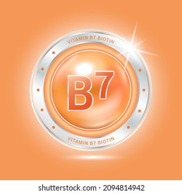 Nutrition vitamin B7 label orange aluminum sign. Foods vitamins and minerals logo products template design. Medical food supplement concepts. 3D Realistic Vector EPS10.