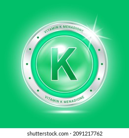 Nutrition vitamin K label green aluminum sign. Foods vitamins and minerals logo products template design. Medical food supplement concepts. 3D Realistic Vector EPS10.