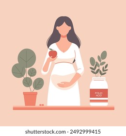 Nutrition and vitamins during pregnancy concept. Pregnant woman. Diet during pregnancy. Food for a pregnant woman. Vector illustration isolated on background.