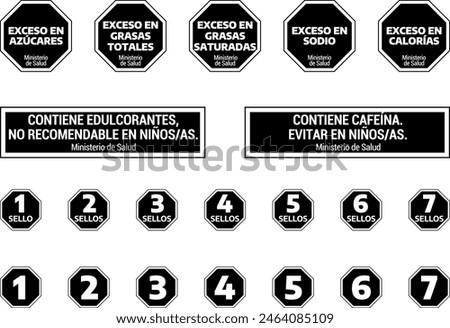 Nutrition warning stamps. Octagons. Excess sugars, total fats, saturated fats, sodium, calories, sweeteners, caffeine.