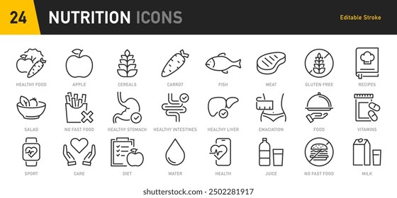 Conjunto de iconos de Web de nutrición en estilo de línea. Tratamiento, alimentos saludables, salud, dieta, obesidad, sin aceite de palma, colección. Ilustración vectorial.	