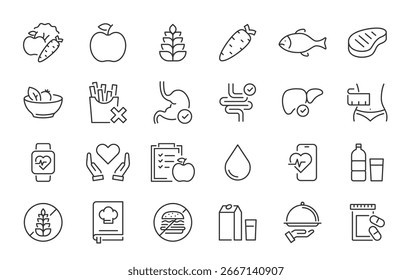 Conjunto de iconos de Web de nutrición en estilo de línea. Tratamiento, alimentos saludables, salud, dieta, obesidad, sin aceite de palma, colección. Ilustración vectorial.	