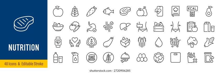 Ernährung Web-Symbol im Linienstil gesetzt. Behandlung, gesunde Ernährung, Gesundheit, Ernährung, Fettleibigkeit, Palmöl frei, Sammlung. Bearbeitbarer Strich. Vektorgrafik.