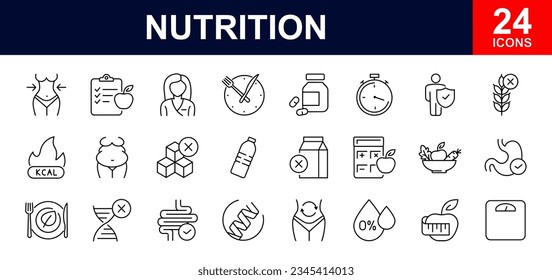 Nutrition web icons set. Healthy food - simple thin line icons collection. Containing detox, diet, fat, protein, vegetables, fruit, carbohydrates, sugar and more. Simple web icons set