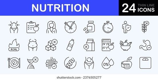 Nutrition web icons set. Healthy food - simple thin line icons collection. Containing detox, diet, fat, protein, vegetables, fruit, carbohydrates, sugar and more. Simple web icons set