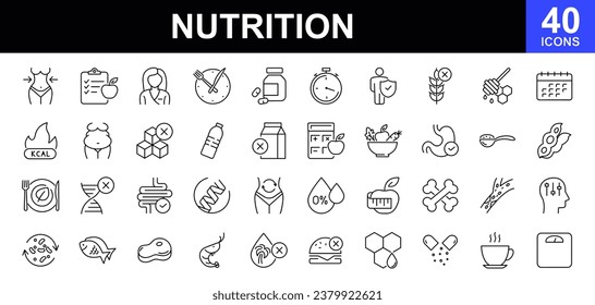 Nutrition web icons set. Healthy food - simple thin line icons collection. Containing detox, diet, fat, protein, vegetables, fruit, carbohydrates, sugar and more. Simple web icons set