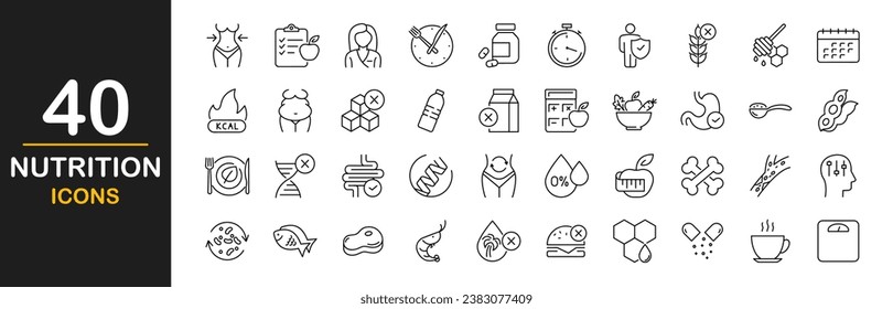 Nutrition Web-Symbole Set. Gesundes Essen - einfache Sammlung von Symbolen für dünne Linien. Enthält Detox, Diät, Fett, Eiweiß, Gemüse, Obst, Kohlenhydrate, Zucker und mehr. Einfache Web-Symbole