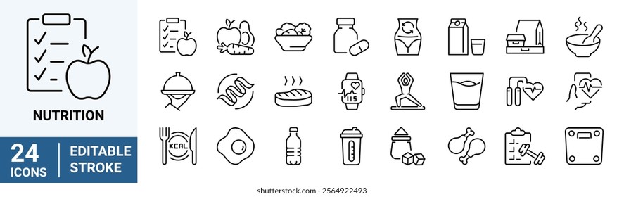 Nutrition web line icon set. Containing food, vegetables, water, meal planning, fruits, dietary fiber, protein, vitamins. Vector illustration.