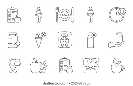 Ernährung, Gewichtsverlust und Wellness-Linie Icon-Set, einschließlich Ergänzungen, Fitness, gesunde Ernährung und Gewohnheiten. Bearbeitbarer Strich. Isolierte Vektorgrafik.