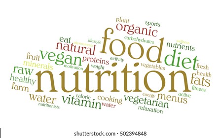 Nutrition word cloud on white background. Healthy food concept. Vector.